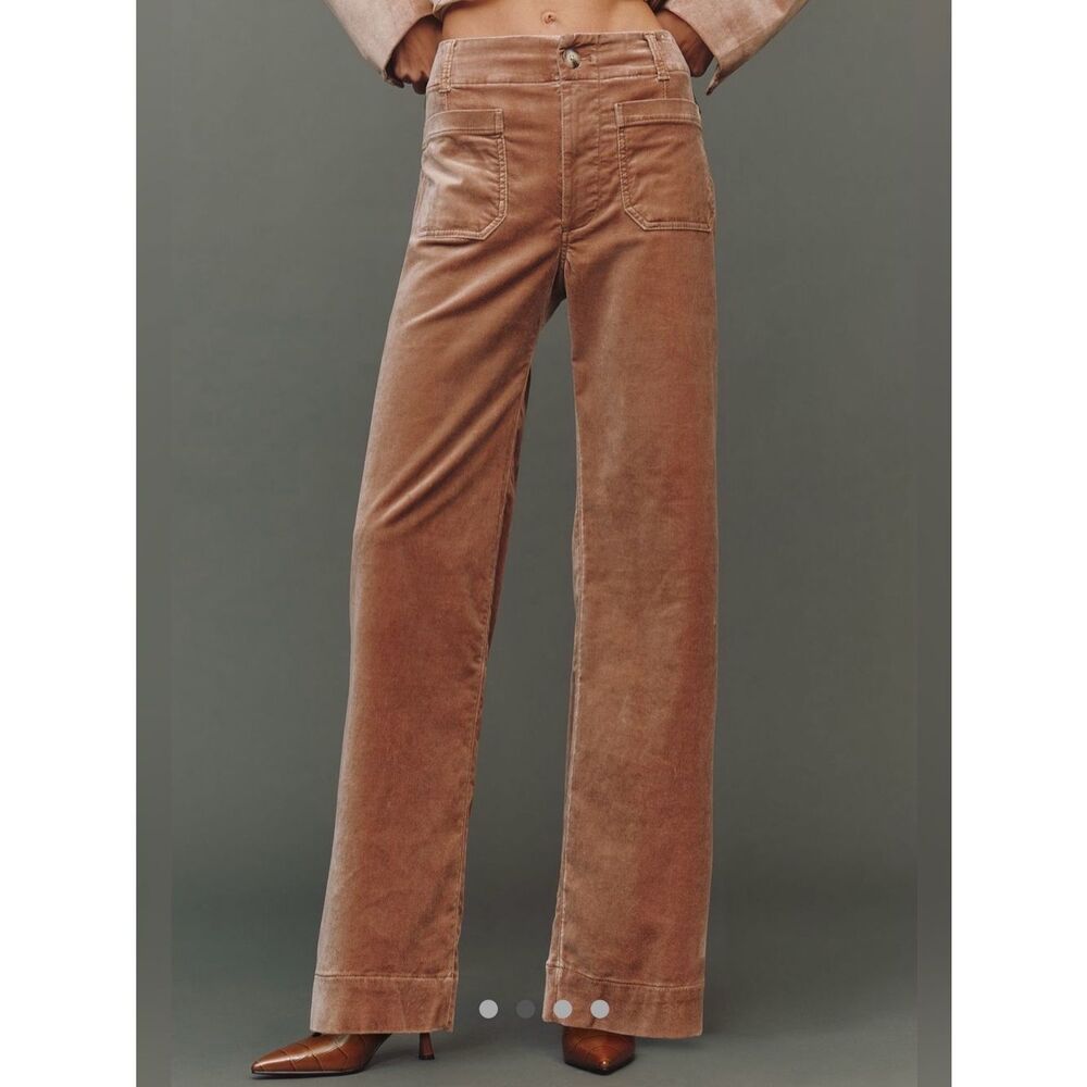 Anthropologie Maeve The Colette Full Length Wide Leg Velvet Pants Taupe 33 Tall